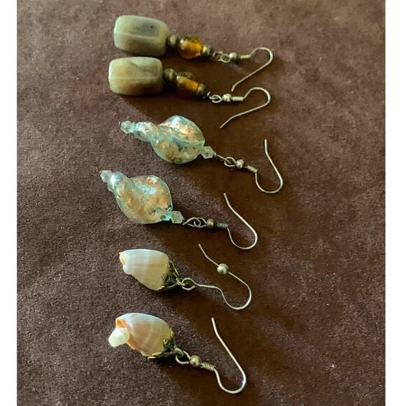 Vintage Glass, Shell and Gemstone Hook earrings, SET of 3, Unmarked - Picture 2 of 4